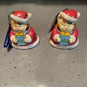 2 ceramic Santa cat ornaments